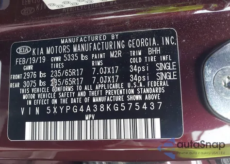 2019 Kia Sorento 2.4L Lx z USA, uszkodzony, nr VIN 5XYPG4A38KG575437